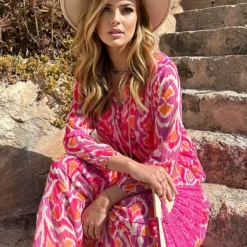 Maxi Oversized Jurk Print Fuchsia -Exporteren Dames Glam Winkel Maxi Oversized Jurk Print Fuchsia 4 586x900 1