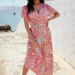 Maxi Print Jurk Fuchsia -Exporteren Dames Glam Winkel Maxi Print Jurk Fuchsia 5 586x900 1