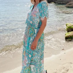 Maxi Print Jurk Turquoise -Exporteren Dames Glam Winkel Maxi Print Jurk Turquoise 7 586x900 1