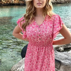 Maxi Ruffle Flower Jurk Roze -Exporteren Dames Glam Winkel Maxi Ruffle Flower Jurk Roze 3 586x900 1