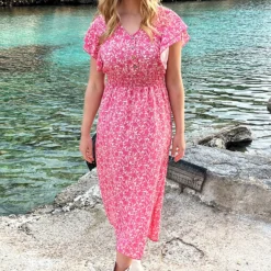 Maxi Ruffle Flower Jurk Roze -Exporteren Dames Glam Winkel Maxi Ruffle Flower Jurk Roze 6 586x900 1