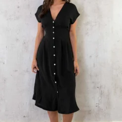 Midi Knopen Jurk Sevilla Zwart -Exporteren Dames Glam Winkel Midi Knopen Jurk Sevilla Zwart 1 586x900 1