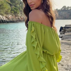 Maxi Off Shoulder Ruffle Jurk Olive