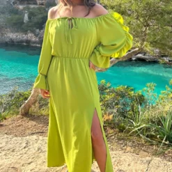 Maxi Off Shoulder Ruffle Jurk Olive -Exporteren Dames Glam Winkel Midi Off Shoulder Ruffle Jurk Olive 3 1 586x900 1