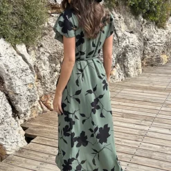 Flower Jurk Midi Army Zwart -Exporteren Dames Glam Winkel Midi Overslag Jurk Flower Army Zwart 6 586x900 1