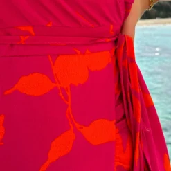 Flower Jurk Midi Roze Oranje -Exporteren Dames Glam Winkel Midi Overslag Jurk Flower Roze Oranje close 586x900 1