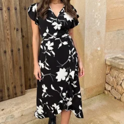 Flower Jurk Midi Zwart Wit 8 Flower Jurk Midi Zwart Wit -Exporteren Dames Glam Winkel Midi Overslag Jurk Flower Zwart Wit 1 586x900 1