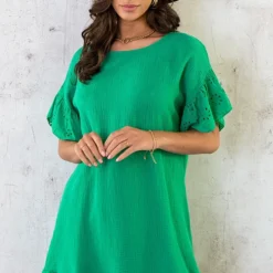 Mousseline Embroidery Oversized Jurk Bright Green