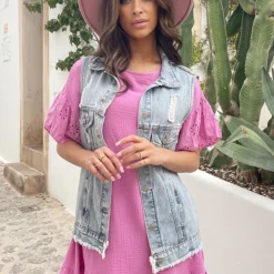 Mousseline Embroidery Oversized Jurk Roze