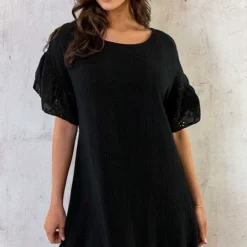 Mousseline Embroidery Oversized Jurk Zwart -Exporteren Dames Glam Winkel Mousseline Embroidery Oversized Jurk Zwart 3 586x900 1