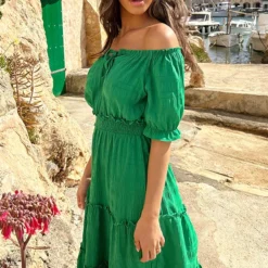 Offshoulder Laagjes Jurk Bright Green -Exporteren Dames Glam Winkel Off Shoulder Laagjes Jurk Bright Green 2 1 586x900 1