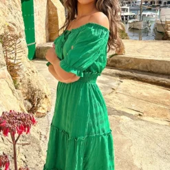 Offshoulder Laagjes Jurk Bright Green