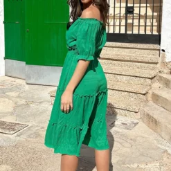 Offshoulder Laagjes Jurk Bright Green -Exporteren Dames Glam Winkel Off Shoulder Laagjes Jurk Bright Green 6 586x900 1