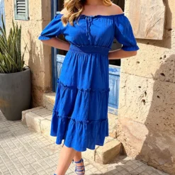 Offshoulder Laagjes Jurk Kobalt