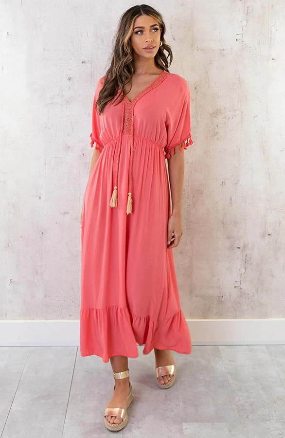 Oversized Jurk Gouden Detail Maxi Koraal 3 Oversized Jurk Gouden Detail Maxi Koraal - Afbeelding 3