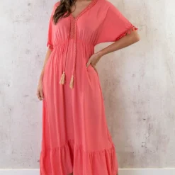 Oversized Jurk Gouden Detail Maxi Koraal