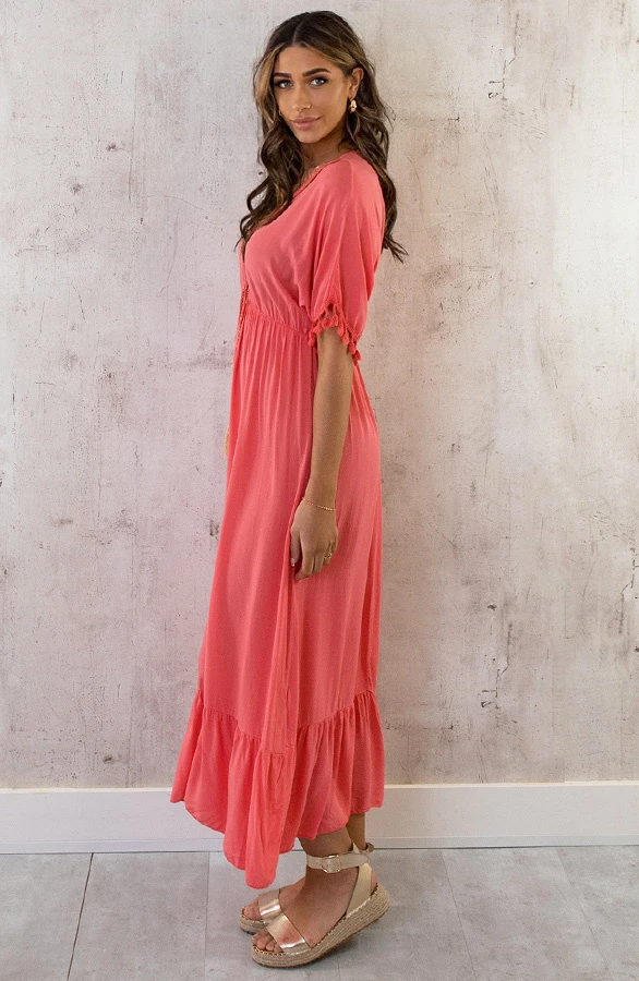 Oversized Jurk Gouden Detail Maxi Koraal 4 Oversized Jurk Gouden Detail Maxi Koraal - Afbeelding 4