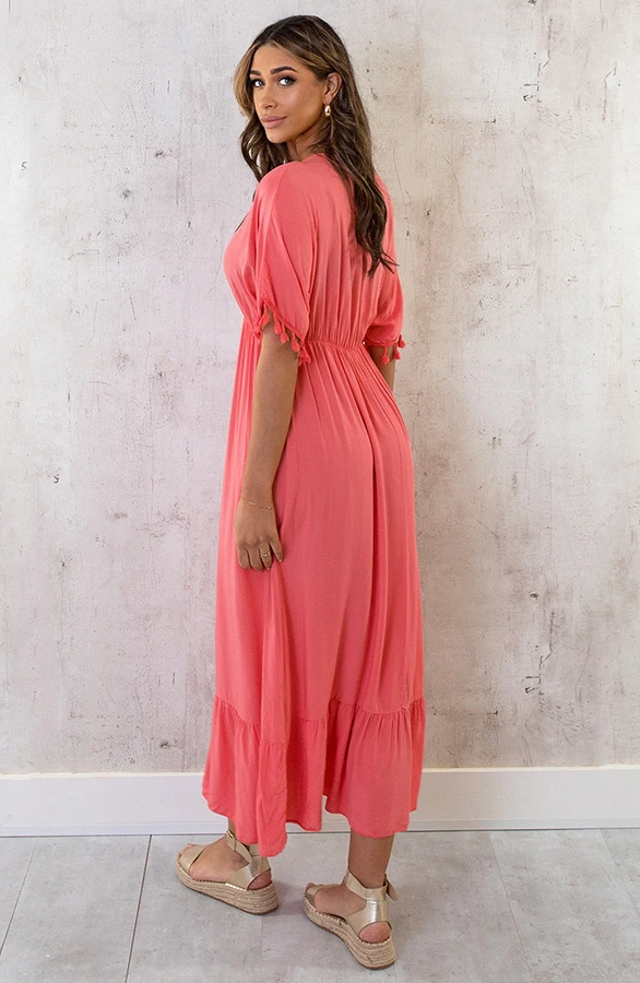 Oversized Jurk Gouden Detail Maxi Koraal 5 Oversized Jurk Gouden Detail Maxi Koraal - Afbeelding 5