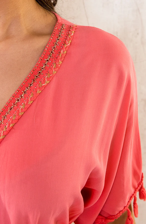 Oversized Jurk Gouden Detail Maxi Koraal 6 Oversized Jurk Gouden Detail Maxi Koraal - Afbeelding 6