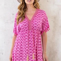 Oversized Jurk Gouden Detail Print Fuchsia