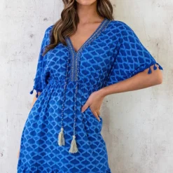 Oversized Jurk Gouden Detail Print Kobalt