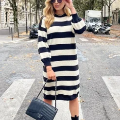 Oversized Strepen Jurk Zwart