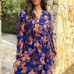 Overslag Print Jurk Kobalt -Exporteren Dames Glam Winkel Overslag Print Jurk Kobalt 3 586x900 1