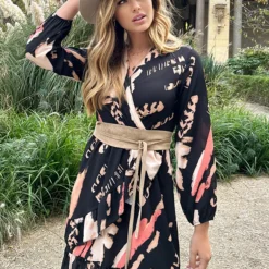 Overslag Print Jurk Zwart Beige