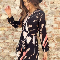 Overslag Print Jurk Zwart Beige -Exporteren Dames Glam Winkel Overslag Print Jurk Zwart Beige 5 586x900 2