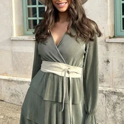 Plisse Laagjes Jurk Army -Exporteren Dames Glam Winkel Plisse Laagjes Jurk Army 2 586x900 1