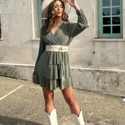 Plisse Laagjes Jurk Army -Exporteren Dames Glam Winkel Plisse Laagjes Jurk Army 5 586x900 1