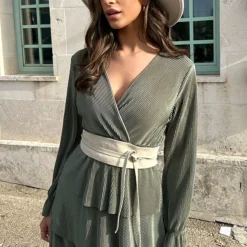 Plisse Laagjes Jurk Army