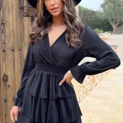 Plisse Laagjes Jurk Zwart