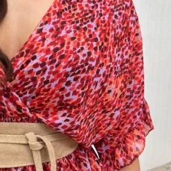 Print Jurk Ruffle Mouw Roze Rood Lila -Exporteren Dames Glam Winkel Print Jurk Ruffle Mouw Roze Rood Lila 1 586x900 1