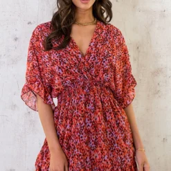 Print Jurk Ruffle Mouw Roze Rood Lila -Exporteren Dames Glam Winkel Print Jurk Ruffle Mouw Roze Rood Lila 3 586x900 2