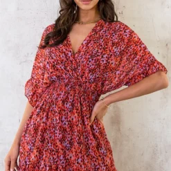 Print Jurk Ruffle Mouw Roze Rood Lila -Exporteren Dames Glam Winkel Print Jurk Ruffle Mouw Roze Rood Lila 4 586x900 2