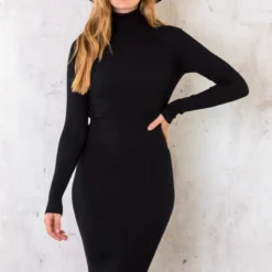 Ribstof Jurk Met Col Zwart -Exporteren Dames Glam Winkel Ribstof Jurk Met Col Zwart 1 586x900 2