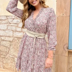 Ruches Jurk Bloemen Beige Dust Roze