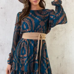 Ruffle Jurk Print Petrol Bruin