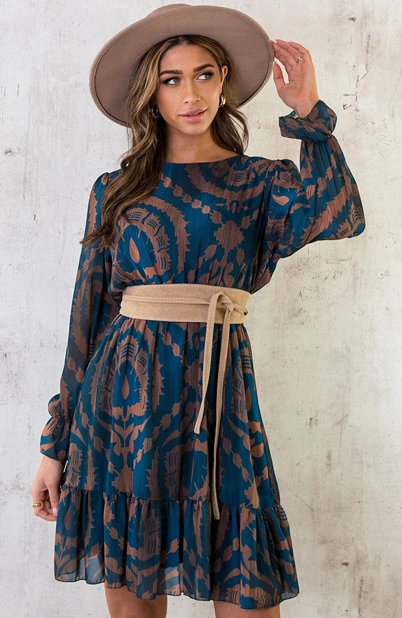 Ruffle Jurk Print Petrol Bruin 1 Ruffle Jurk Print Petrol Bruin