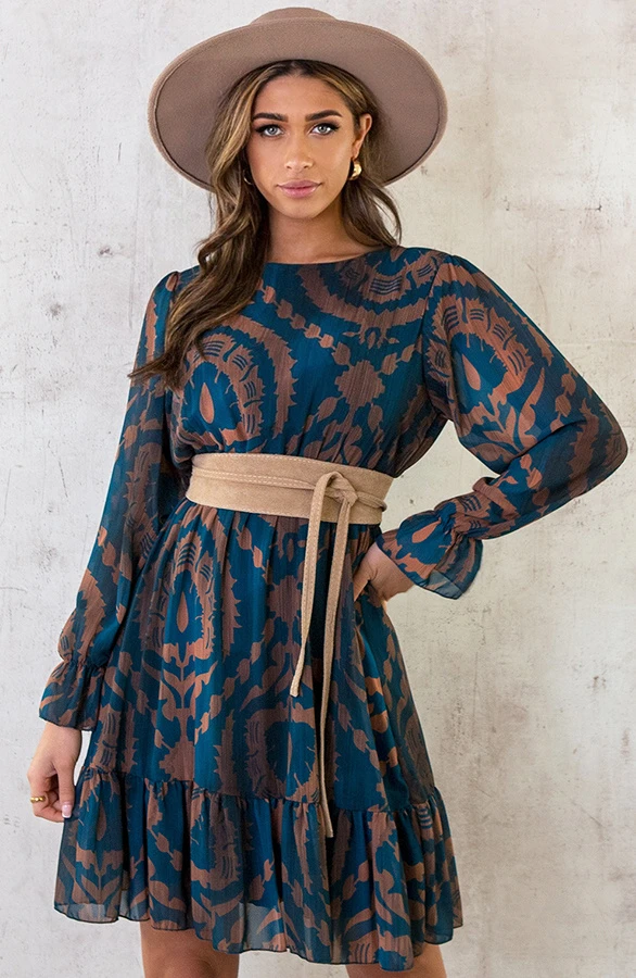 Ruffle Jurk Print Petrol Bruin 3 Ruffle Jurk Print Petrol Bruin - Afbeelding 3