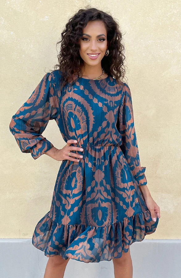 Ruffle Jurk Print Petrol Bruin 13 Ruffle Jurk Print Petrol Bruin - Afbeelding 13