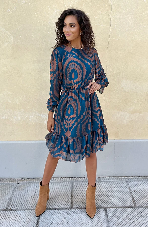 Ruffle Jurk Print Petrol Bruin 15 Ruffle Jurk Print Petrol Bruin - Afbeelding 15