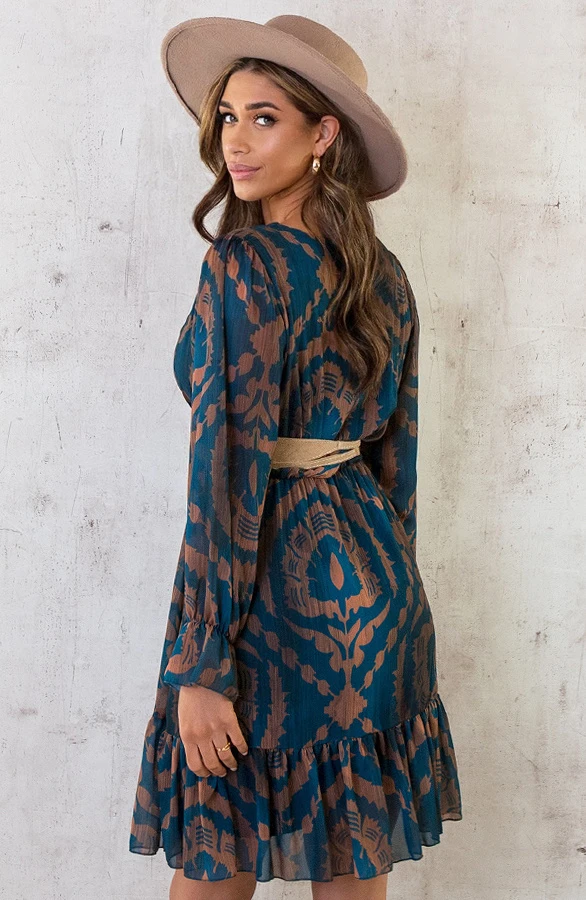 Ruffle Jurk Print Petrol Bruin 5 Ruffle Jurk Print Petrol Bruin - Afbeelding 5