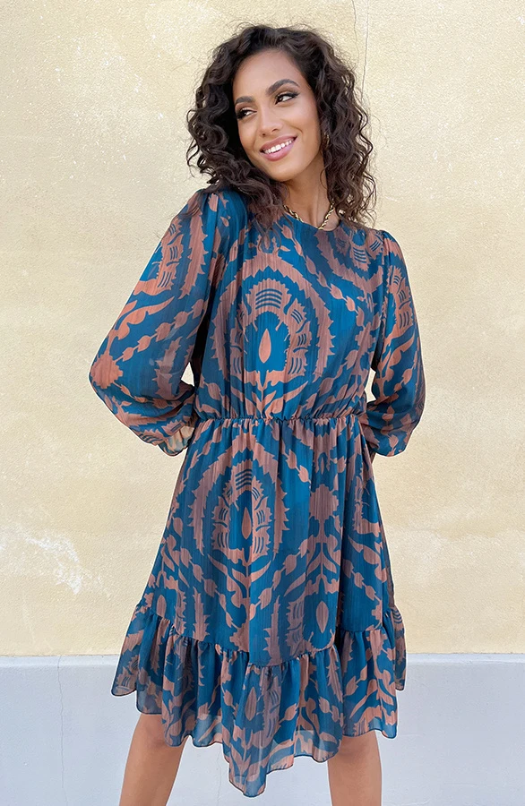 Ruffle Jurk Print Petrol Bruin 14 Ruffle Jurk Print Petrol Bruin - Afbeelding 14