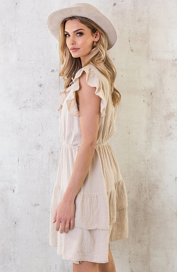 Ruffle Laagjes Jurk Mousseline Beige 4 Ruffle Laagjes Jurk Mousseline Beige - Afbeelding 4