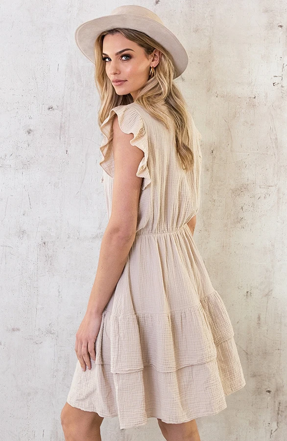 Ruffle Laagjes Jurk Mousseline Beige 5 Ruffle Laagjes Jurk Mousseline Beige - Afbeelding 5