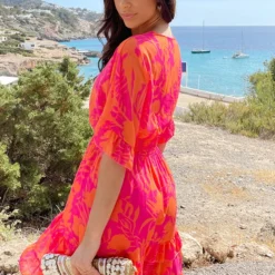 Ruffle Laagjes Jurk Print Fuchsia Oranje -Exporteren Dames Glam Winkel Ruffle Laagjes Jurk Print Fuchsia Oranje 5 586x900 1