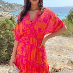 Ruffle Laagjes Jurk Print Fuchsia Oranje