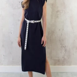 Schoudervulling Maxi Split Jurk Marine